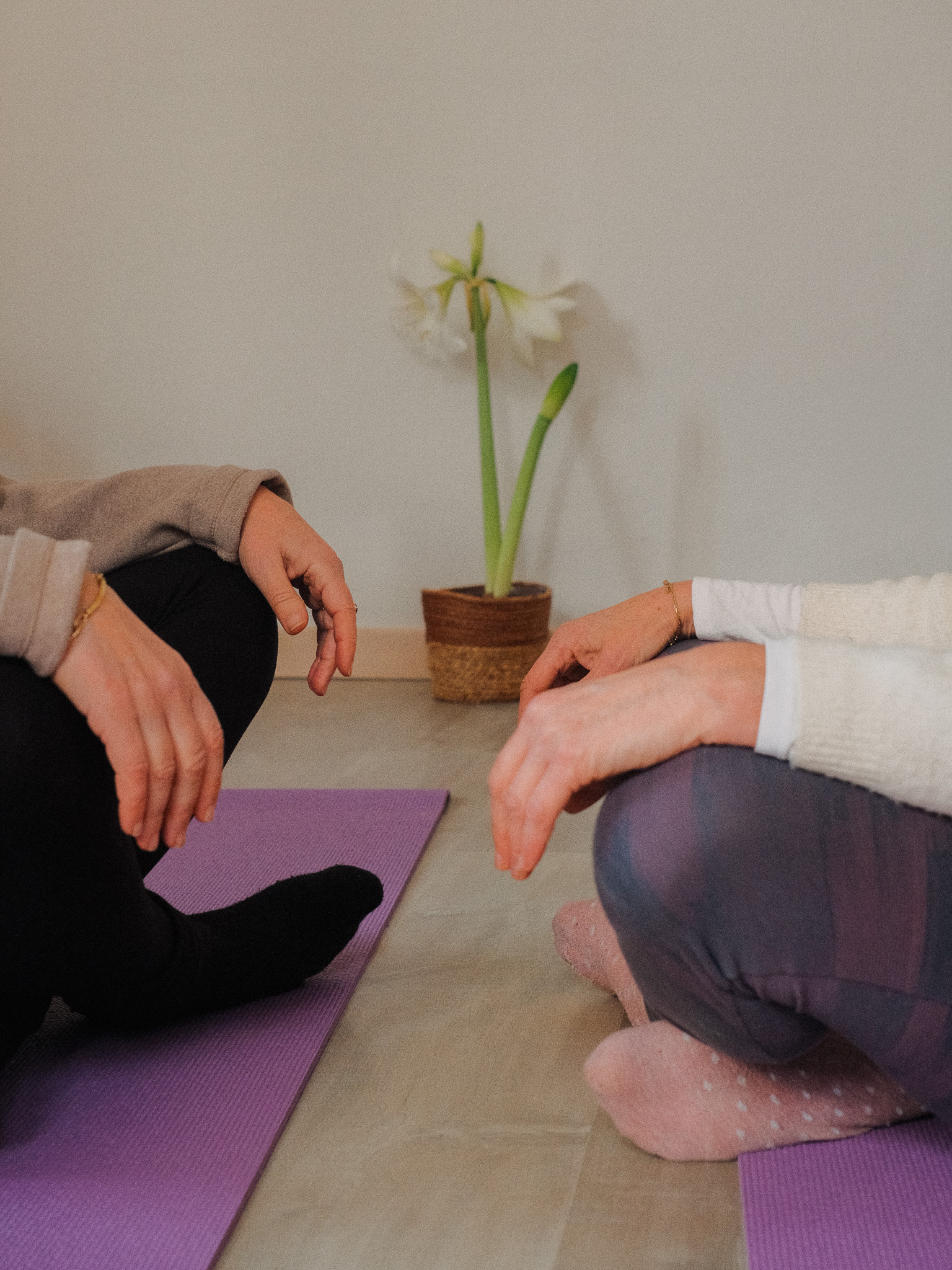 Deux personnes assises en tailleur face à face lors d'une séance de yogathérapie